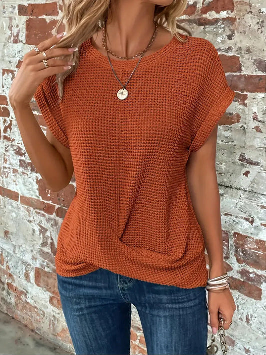 Sylvia™ waffle knit casual tee in soft fabric, featuring a relaxed fit and stylish design, ideal for everyday comfort.
