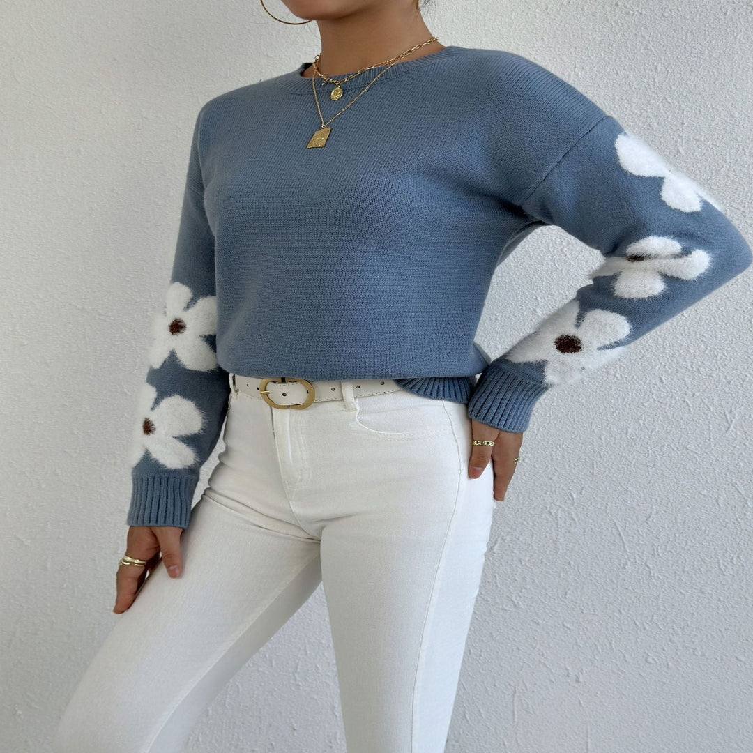 Homixa women's sweater with floral pattern and crew neck, showcasing soft fabric and colorful floral design.