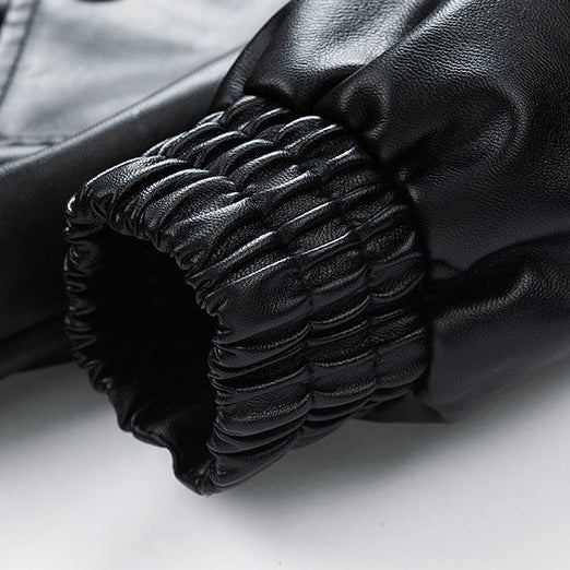 Jack Hafford Chase leather bomber jacket displayed on a hanger, showcasing its sleek black leather design and classic fit.