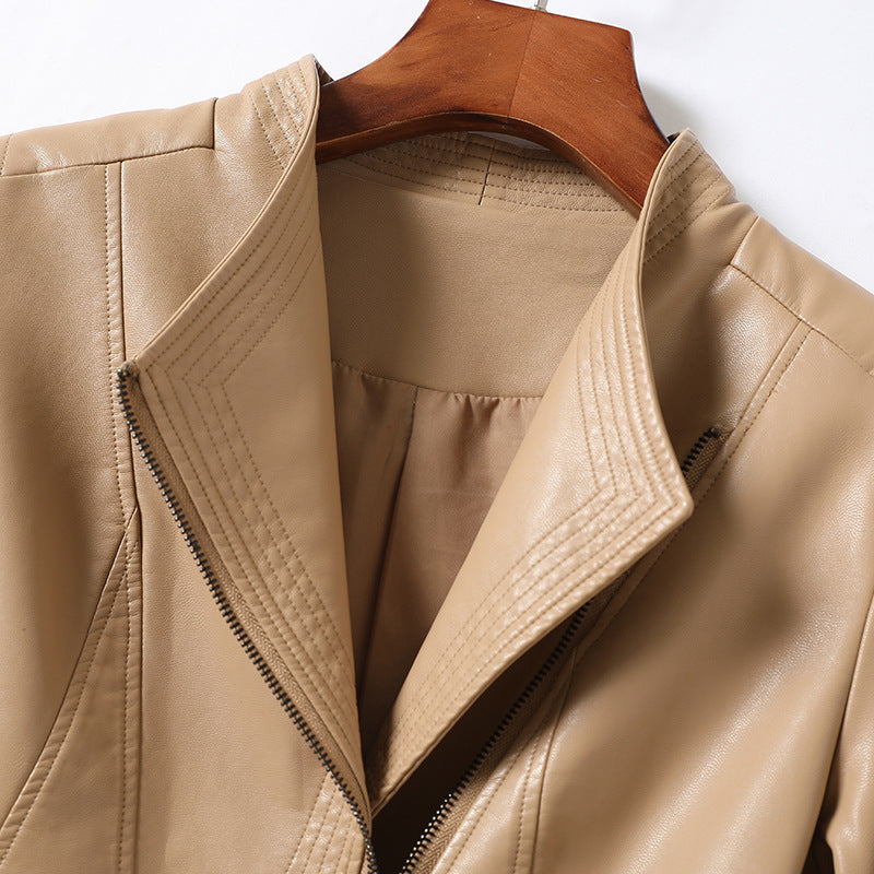 Black Marcella leather jacket by Jack Hafford featuring a fitted design, collar, and zippered front, displayed on a neutral background.