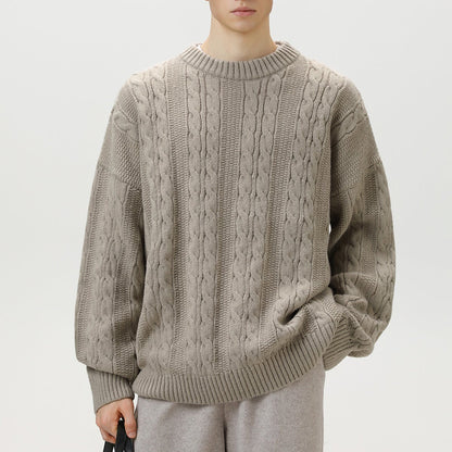Homixa Arbury cable-knit crew-neck sweater with relaxed fit, dropped shoulders, and ribbed cuffs, stylish and cozy for everyday wear.