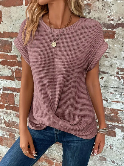 Sylvia™ waffle knit casual tee in neutral color, featuring a relaxed fit and soft fabric for comfortable everyday wear.