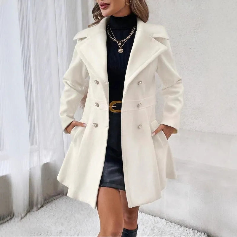 Homixa Abril women's lightweight double-breasted trench coat with belted waist, tailored classic design, in neutral fabric.