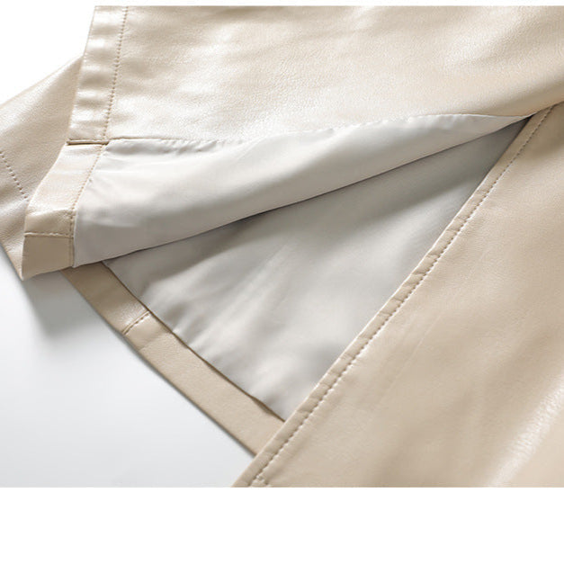 Jack Hafford Chelsea sheepskin leather trench coat displayed on a hanger, showcasing its classic design and high-quality material.