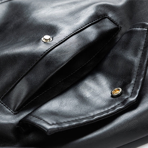 Jack Hafford Chase leather bomber jacket with front zipper and ribbed cuffs, shown on a model in a casual setting.
