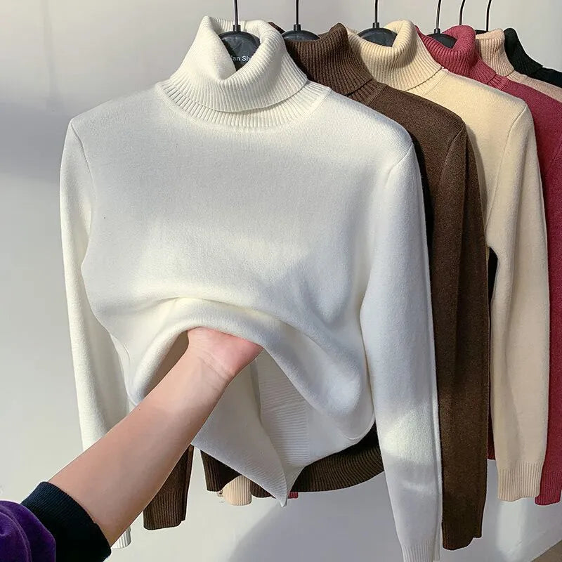 Homixa Angela women's fitted knit turtleneck sweater with soft teddy lining, showcasing its cozy, stylish design and textured fabric.