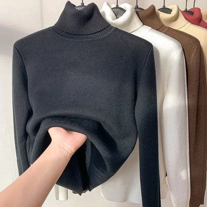 Homixa Angela women's fitted knit turtleneck sweater with soft teddy lining, shown in a cozy, stylish close-up view.
