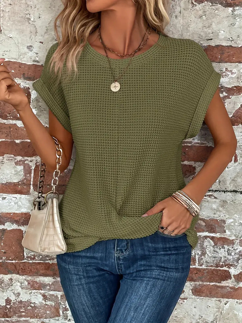 Sylvia™ waffle knit casual tee in soft fabric, featuring a relaxed fit and classic crew neckline, by sdfs.