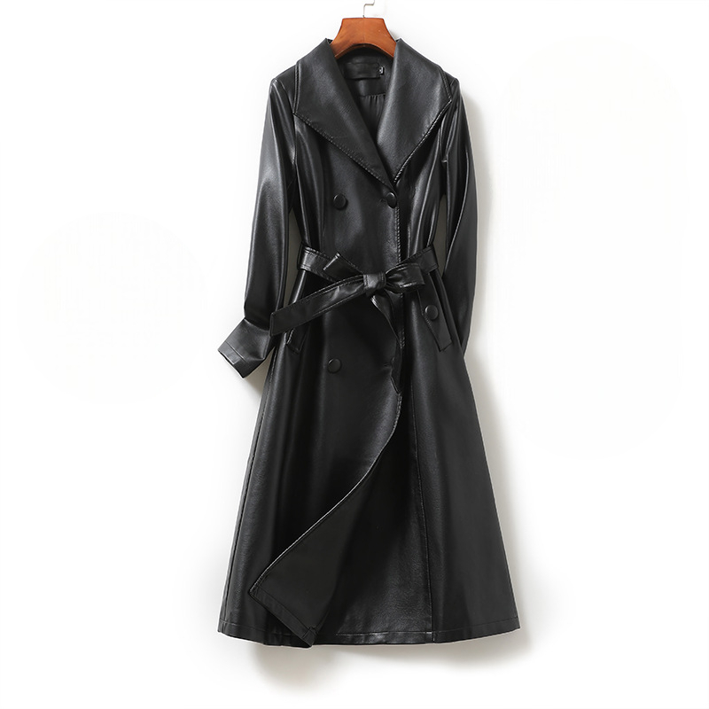 Jack Hafford Chelsea sheepskin leather trench coat displayed on a hanger, featuring classic design and premium leather material.