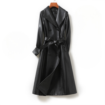 Jack Hafford Chelsea sheepskin leather trench coat displayed on a hanger, featuring classic design and premium leather material.