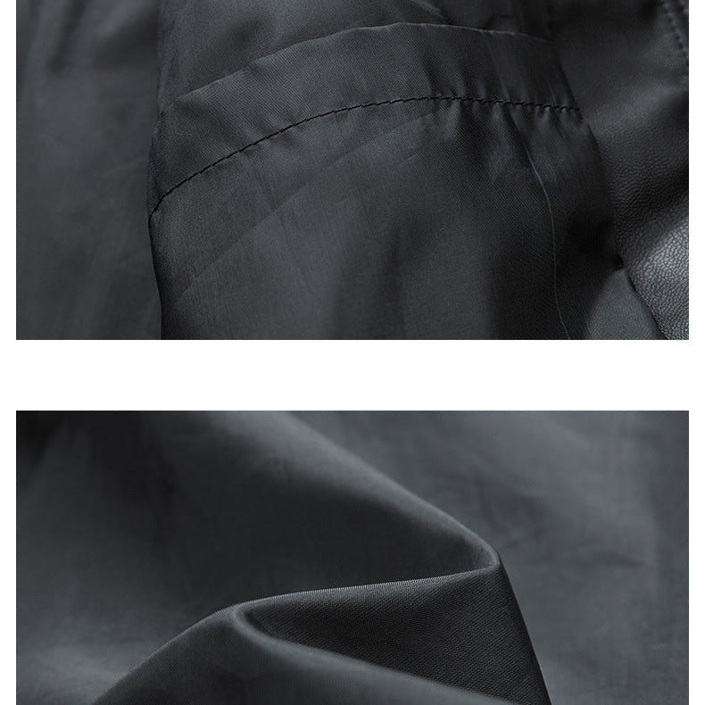 Jack Hafford Chase leather bomber jacket with ribbed collar and cuffs, featuring a sleek black leather finish and button details.