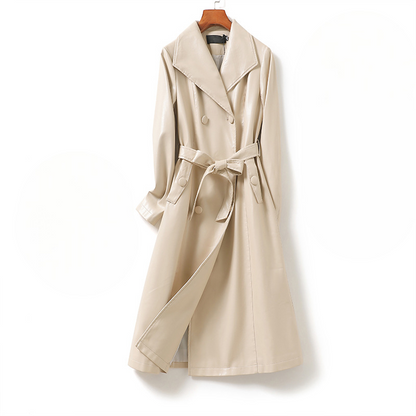 Jack Hafford Chelsea sheepskin leather trench coat displayed on a hanger, showcasing its classic design and luxurious material.