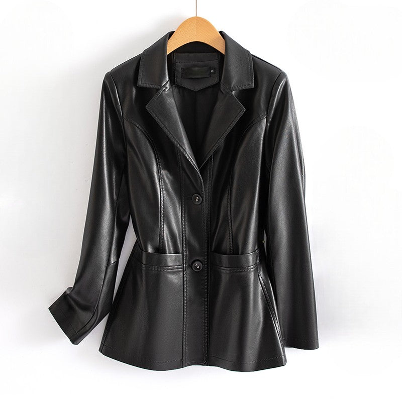 Homixa Bellatrix lambskin leather jacket with notched lapels, patch pockets, and two-button front, stylish and high-quality.