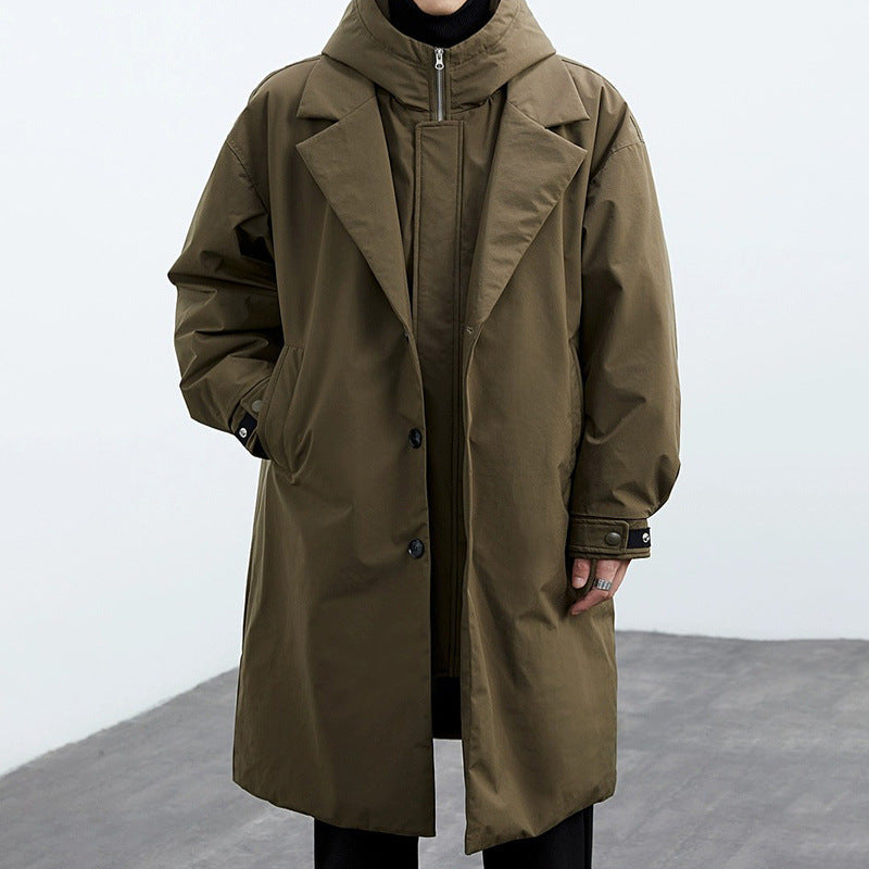 Jack Hafford Darnell trench coat shown on a model, featuring classic design, adjustable belt, and waterproof fabric for stylish protection.