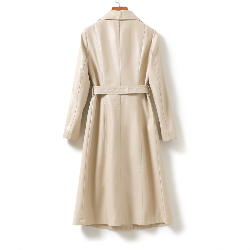 Jack Hafford Chelsea sheepskin leather trench coat displayed on a hanger, highlighting its classic design and soft leather texture.