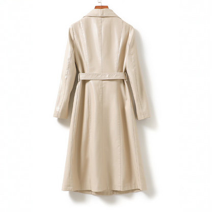 Jack Hafford Chelsea sheepskin leather trench coat displayed on a hanger, highlighting its classic design and soft leather texture.