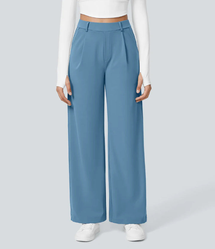 Homixa women's wide leg pants with a relaxed fit and high waist, shown in a neutral fabric and stylish cut.