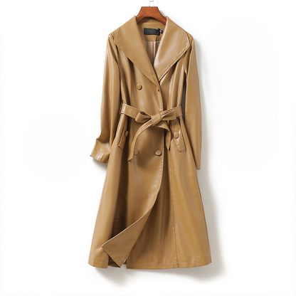 Jack Hafford Chelsea sheepskin leather trench coat displayed on a hanger, showcasing its classic design and luxurious texture.