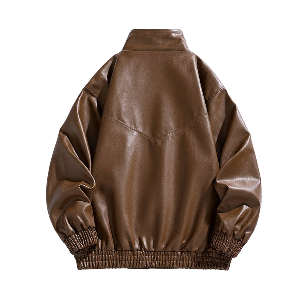Jack Hafford Chase leather bomber jacket displayed on a hanger, featuring a classic black leather design and ribbed collar.