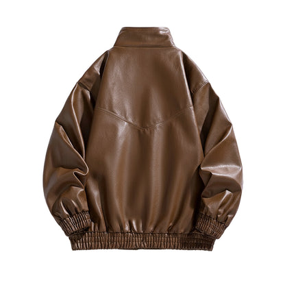 Jack Hafford Chase leather bomber jacket displayed on a hanger, featuring a classic black leather design and ribbed collar.