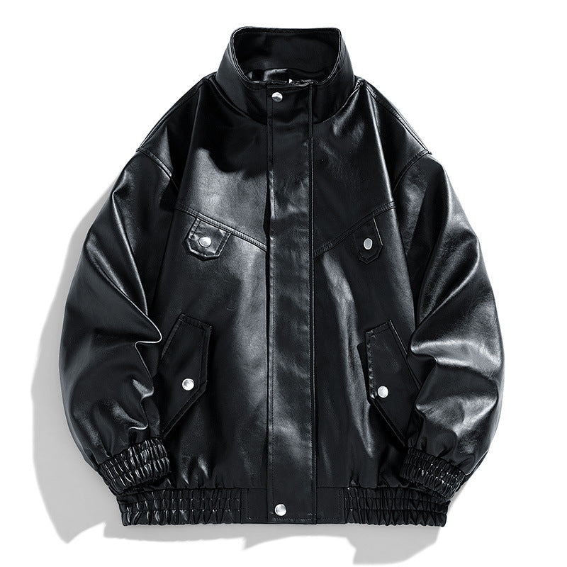 Jack Hafford Chase Leather Bomber Jacket displayed on a hanger, featuring a sleek black leather design with ribbed cuffs and collar.