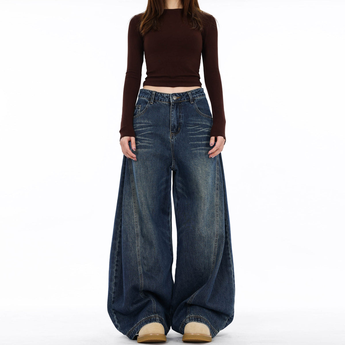 Jack Hafford Jude wide leg jeans displayed on a model, showcasing the relaxed fit and stylish denim design.