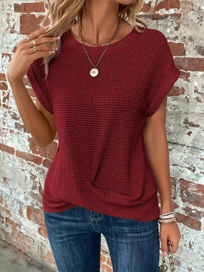 Sylvia™ Waffle Knit Casual Tee in neutral fabric, featuring a comfortable fit and waffle texture, by sdfs.