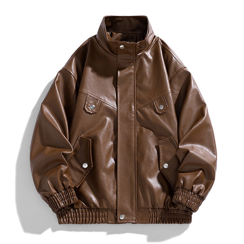 Jack Hafford Chase leather bomber jacket hanging on a wooden hanger, featuring a classic design and smooth brown leather.
