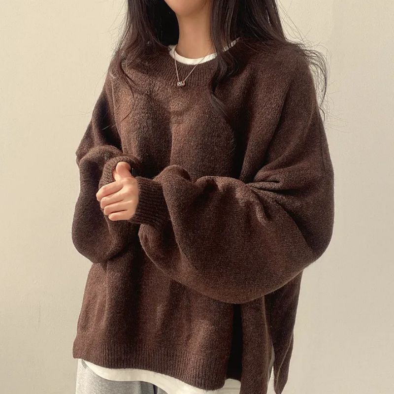 Homixa oversized knit sweater with crew neck, long sleeves, ribbed cuffs, and solid color finish, casual and cozy for everyday wear.