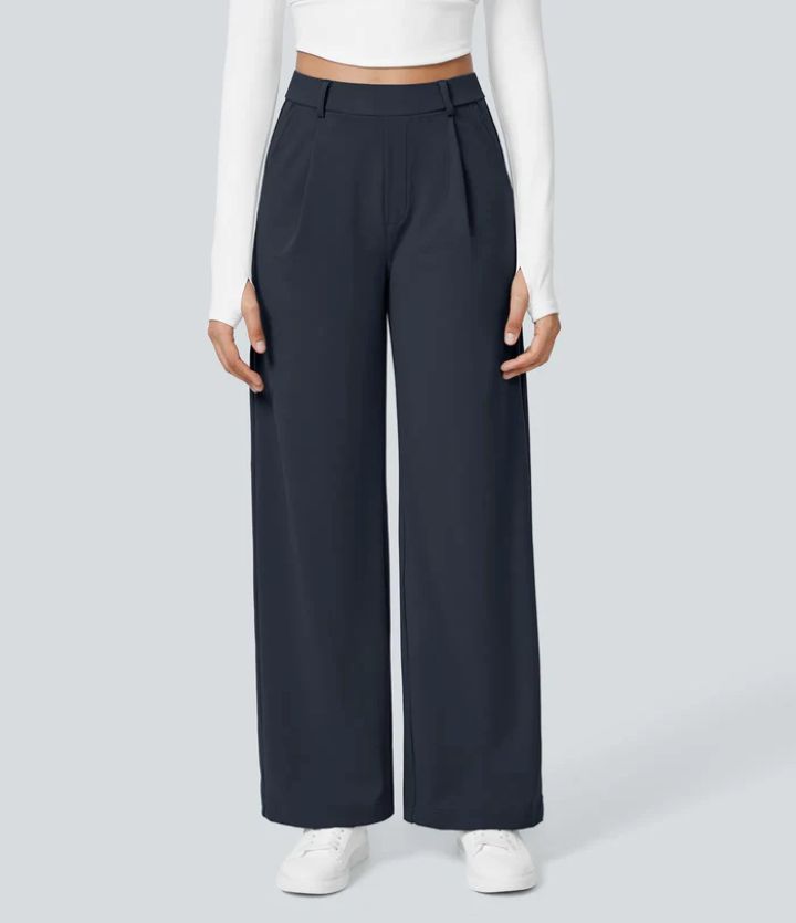 Homixa women's wide leg pants with a relaxed fit and high waist, shown in a neutral fabric and stylish cut.
