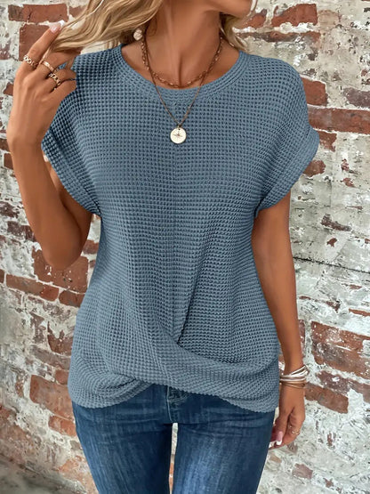 Sylvia™ waffle knit casual tee in neutral color, featuring a relaxed fit and textured knit fabric, casual style by sdfs.