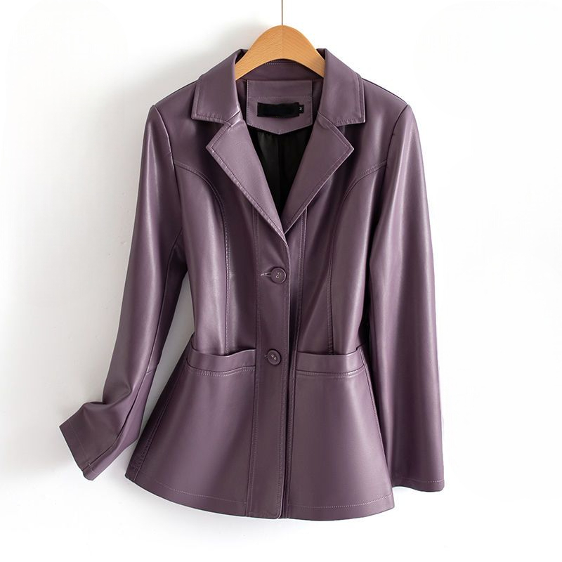 Homixa Bellatrix lambskin leather jacket with notched lapels, patch pockets, and two-button front displayed on a hanger.