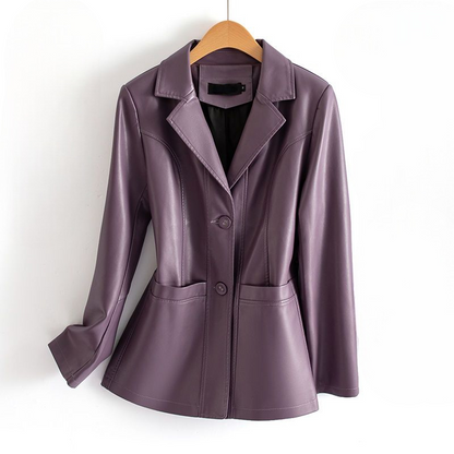 Homixa Bellatrix lambskin leather jacket with notched lapels, patch pockets, and two-button front displayed on a hanger.