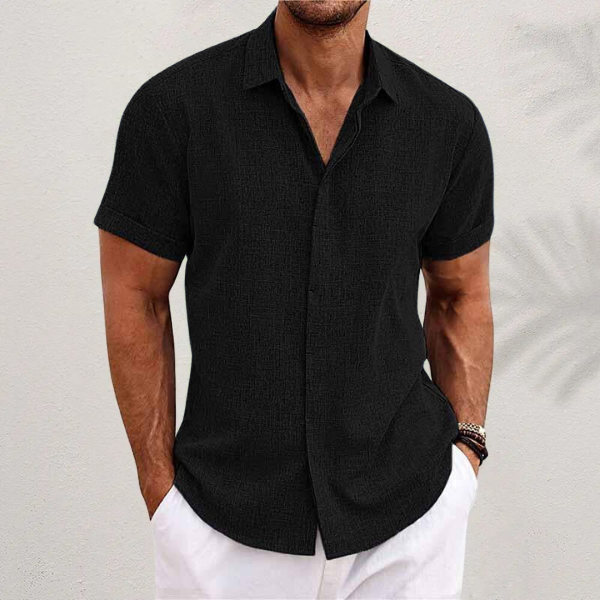 Homixa Caelenza classic short-sleeve collared dress shirt with textured finish and curved hem, displayed on a model.