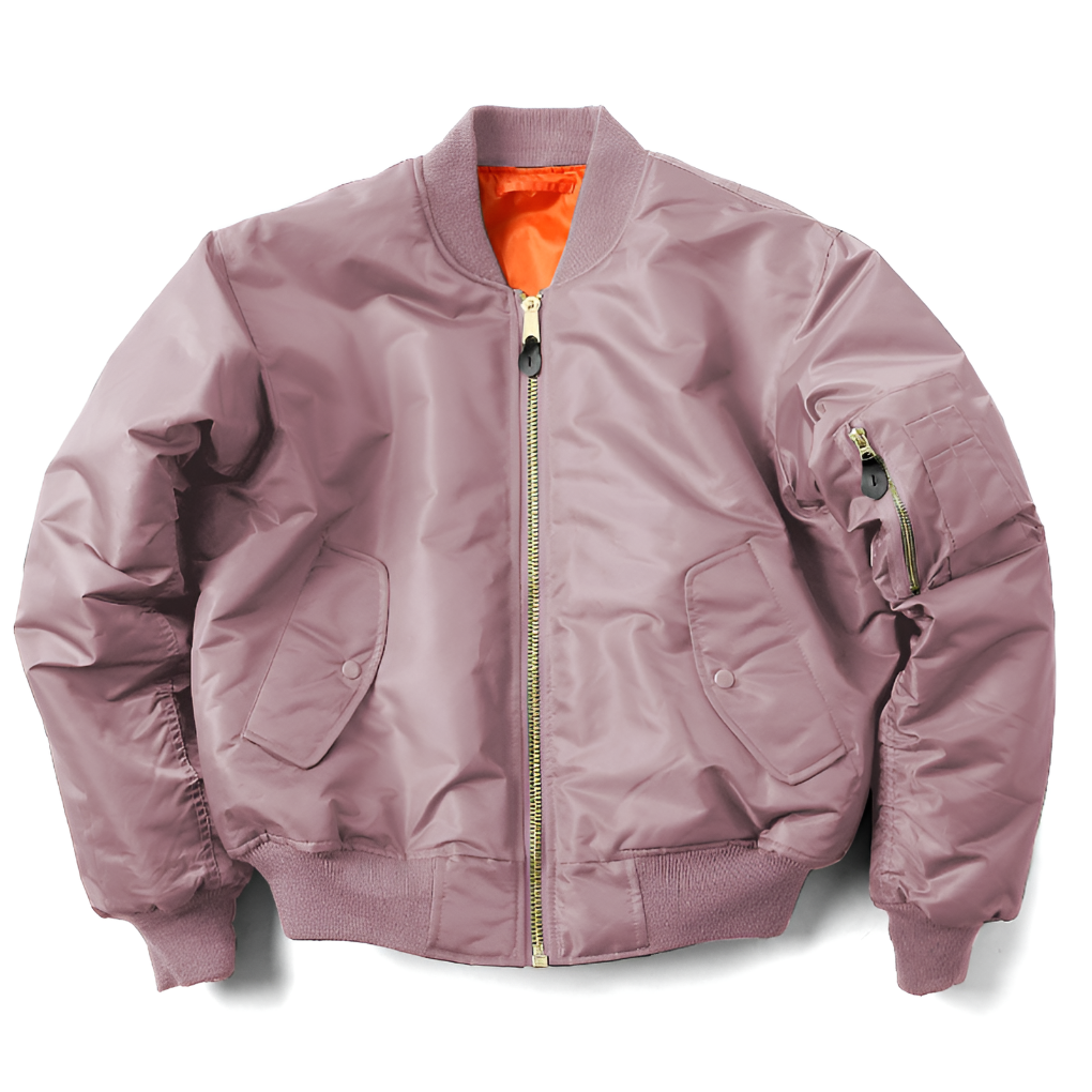 Pink women’s unisex classic bomber jacket by Beckmiller, shown with collar, front zipper, and ribbed cuffs.