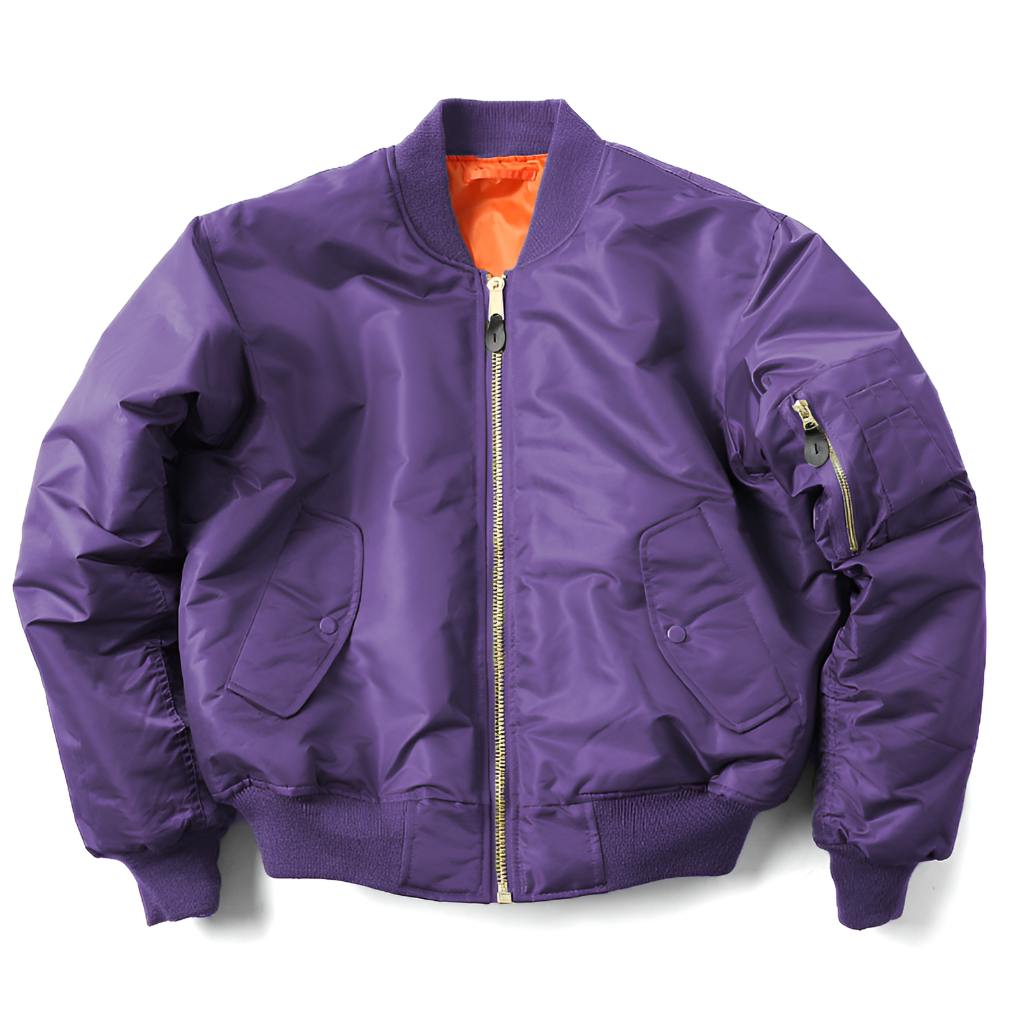 Women’s unisex purple classic bomber jacket by Beckmiller, featuring a stylish and comfortable design.