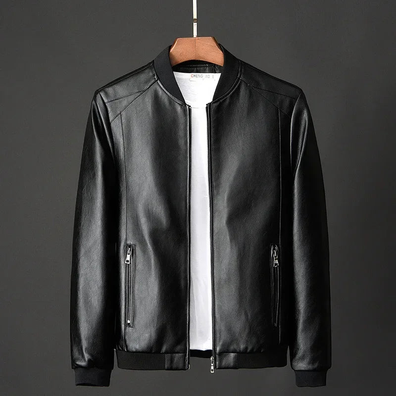Black Renegade Leather Bomber Jacket by Jack Hafford, featuring a classic design and smooth leather texture.
