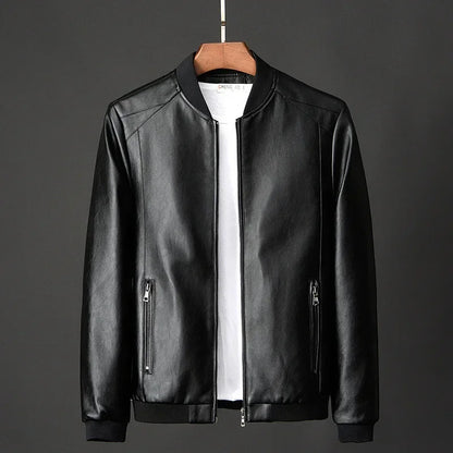 Black Renegade Leather Bomber Jacket by Jack Hafford, featuring a classic design and smooth leather texture.