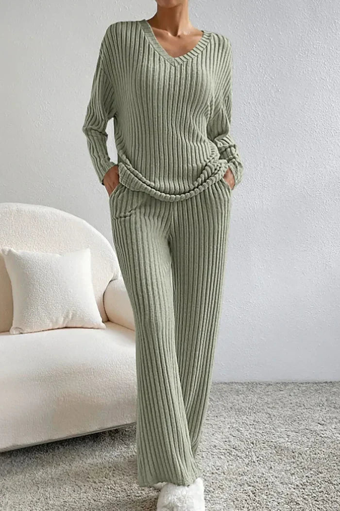 Kate and Wendy Callie ribbed two-piece lounge sweatpants set for women, featuring comfortable relaxed fit and stylish ribbed fabric.