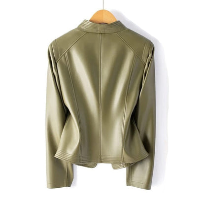 Black Marcella leather jacket by Jack Hafford featuring a tailored fit and classic lapel collar, displayed on a mannequin.