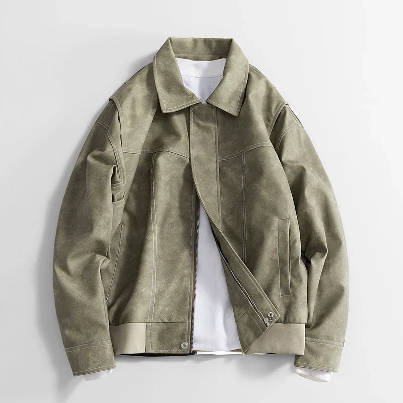 Jack Hafford Rothwell leather jacket hanging on a wooden hanger, showcasing its classic design and rich brown leather material.
