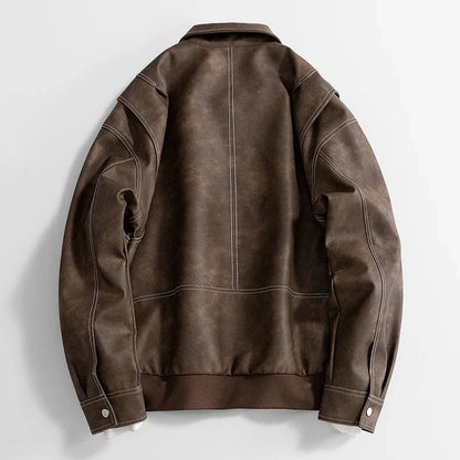 Jack Hafford Rothwell leather jacket featuring a classic design, brown leather, and detailed stitching on a model.
