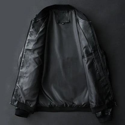 Jack Hafford Renegade leather bomber jacket displayed on a hanger, featuring a classic black leather design with ribbed cuffs and collar.