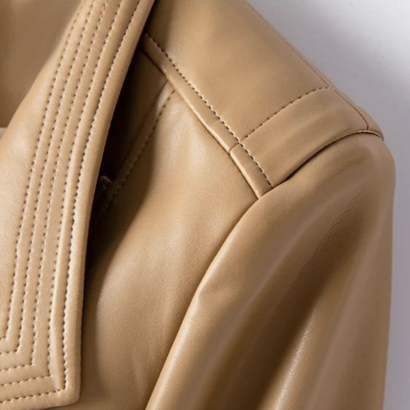 Jack Hafford Marcella leather jacket displayed on a hanger, featuring a classic design with a smooth black leather finish.