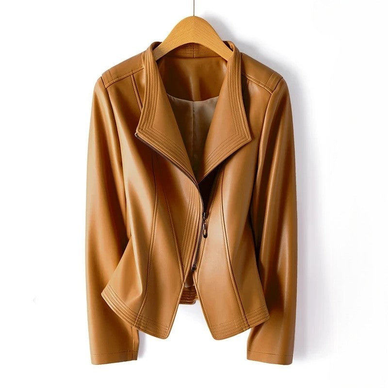 Jack Hafford Marcella leather jacket hanging on a wooden hanger, showcasing its sleek design and smooth black leather material.