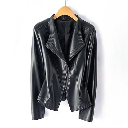 Black Marcella leather jacket by Jack Hafford, featuring a fitted design with sleek leather and stylish collar details.