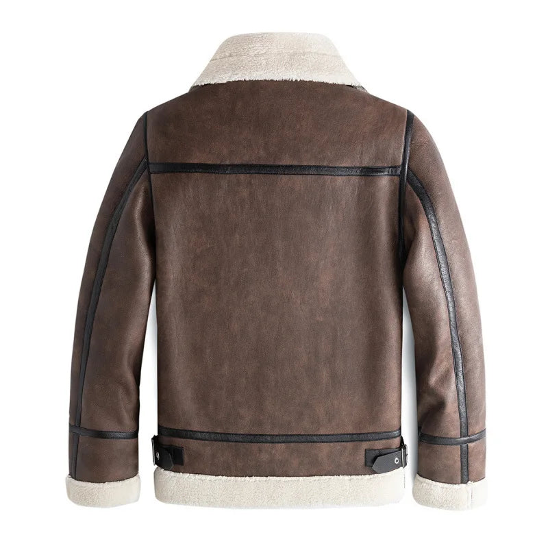 Jack Hafford Travis leather jacket, stylish men's brown leather coat with front zipper and classic design, close-up view.