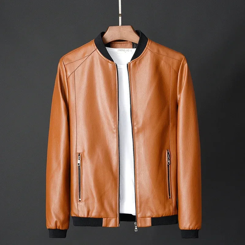 Black Renegade Leather Bomber Jacket by Jack Hafford with ribbed cuffs and collar, displayed on a hanger against a neutral background.