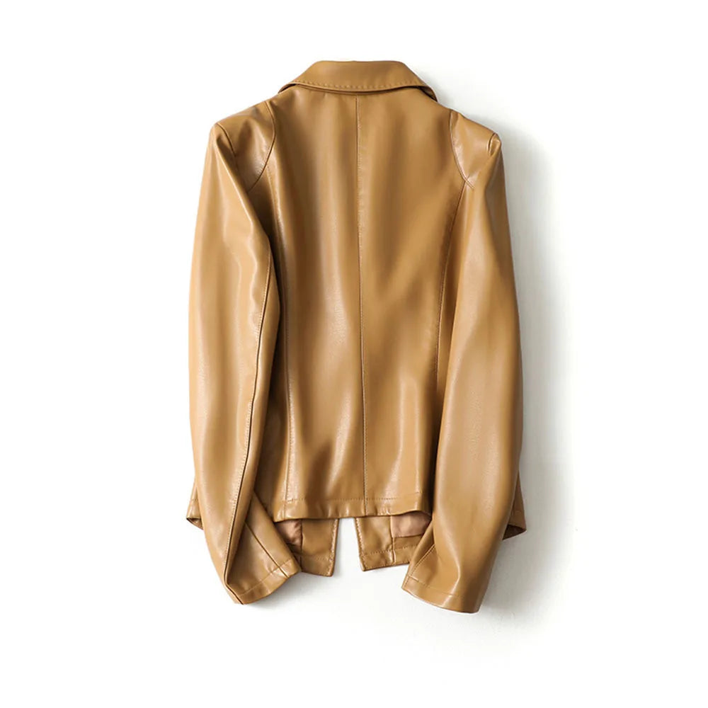 Vera Lambskin Leather Blazer by Jack Hafford, shown in black leather with tailored fit and classic collar on a hanger.