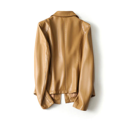 Vera Lambskin Leather Blazer by Jack Hafford, shown in black leather with tailored fit and classic collar on a hanger.